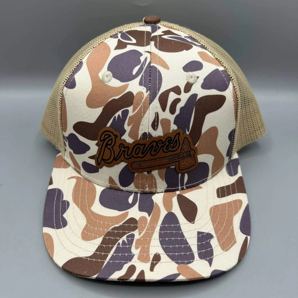 Atlanta Braves Trucker Hat Youth Tan Camo MLB Bryan Co. Headwear Snap Back Cap